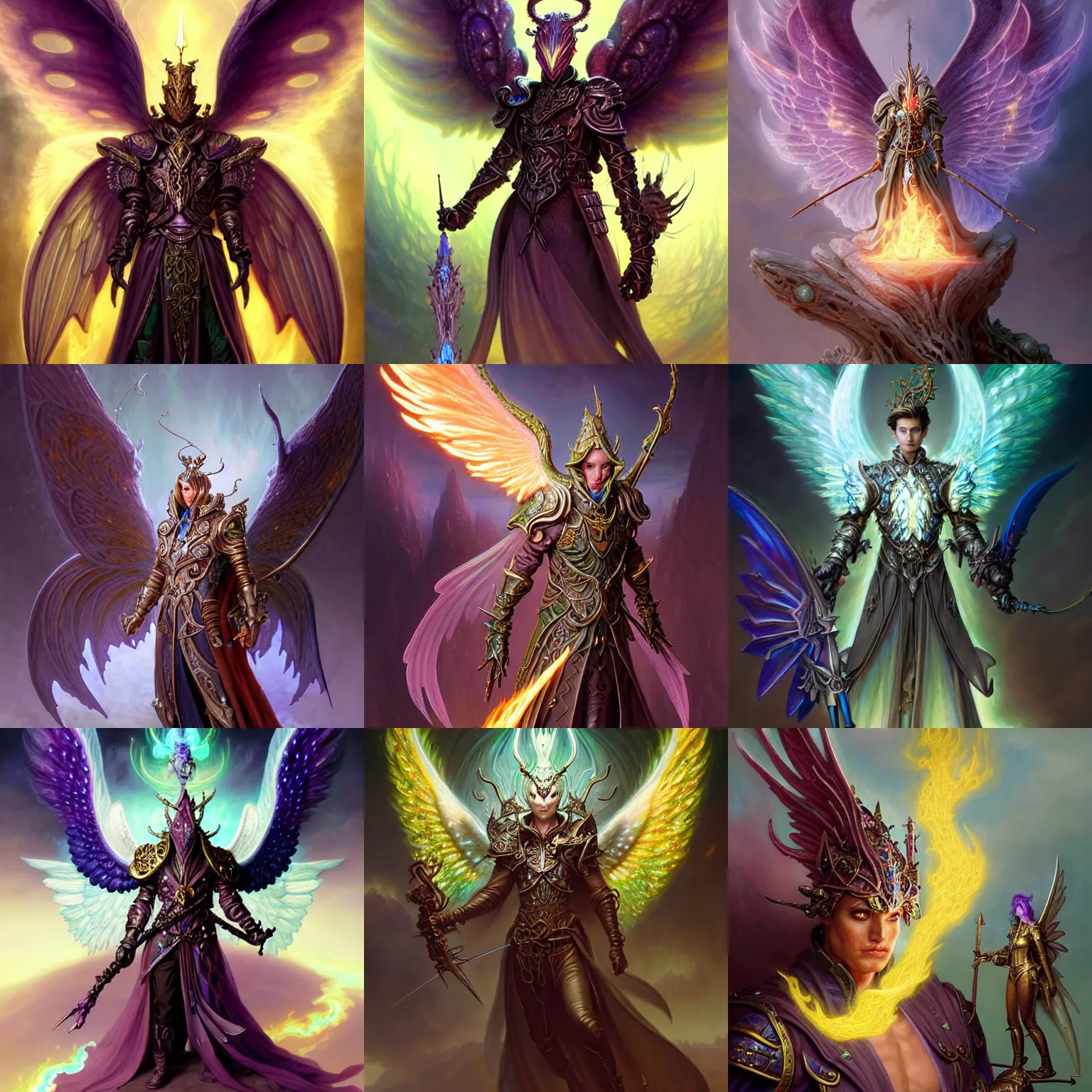 Prompt: whimsical fantasy character portrait, bright armor male warlock with six!!!! burning!!!!!!!! angel wings, ultra realistic, wide angle, intricate details, emerald artifacts, sharp focus, highly detailed by peter mohrbacher, hajime sorayama, wayne barlowe, boris vallejo, aaron horkey, gaston bussiere, craig mullins