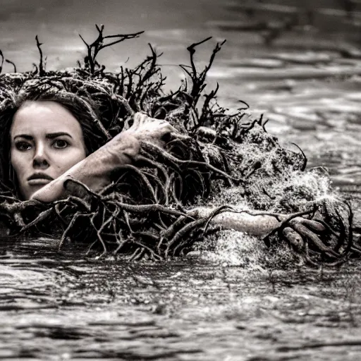 Prompt: a dramatic photo of a woman drowning in roots