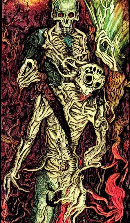 Image similar to full - color 1 5 0 0 s tarot - card illustrated in the style of clive barker depicting scenes of death and torment in the underworld. highly - detailed ; mystical ; horror.