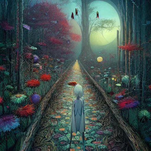 Image similar to Vampire traveling through a beautiful psychedelic world, illustrated by Andrew Ferez and Hayao Miyazaki, trending on artstation