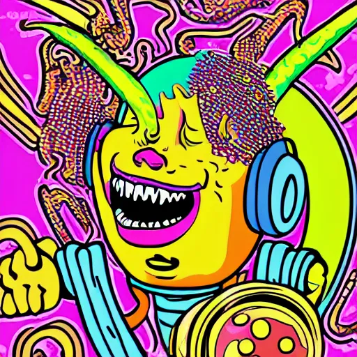 Image similar to psychedelic laughing demon, rocking out, headphones dj rave, digital artwork, r. crumb, svg vector