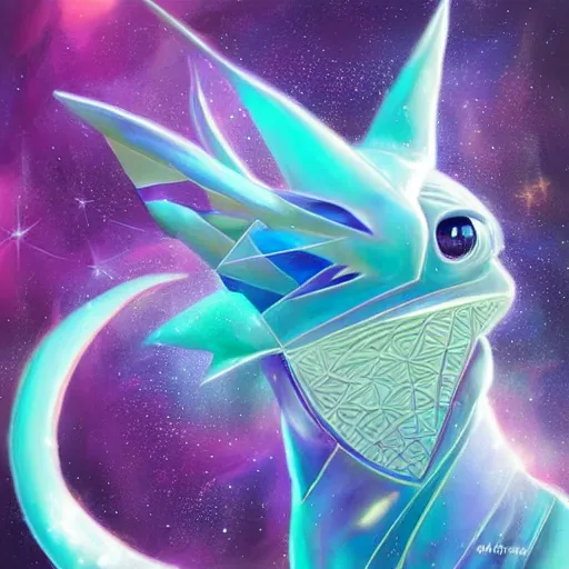 Image similar to geometric symmetrical vaporeon with galaxy eyes in space, nebula in the background, intricate, elegant, highly detailed, digital painting, artstation, concept art, smooth, sharp focus, illustration, art by artgerm