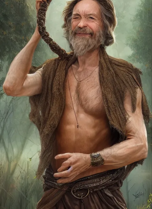 Prompt: a relaxed male middle aged druid in a sleeveless west, short brown hair, stringy, full body, 8 k, hyperrealistic, hyperdetailed, fantasy portrait by laura sava