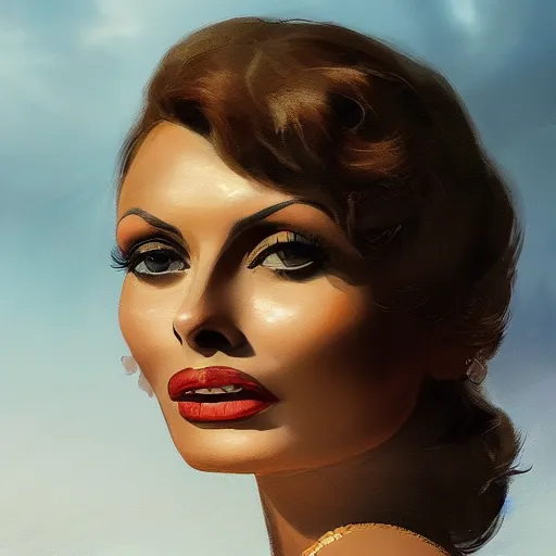 Image similar to closeup portrait of a young sophia loren as a 1 9 2 0 s femme fatale, city background, megacity, high fantasy, dramatic light, gorgeous view, depth, high detail, digital art, painted by greg rutkowski, trending on artstation