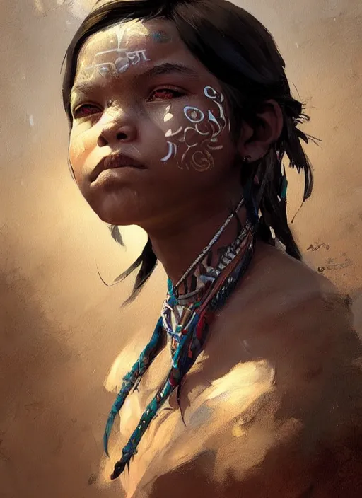 Prompt: A painting of a tribal daughter trending on artstation in the style of Greg Rutkowski