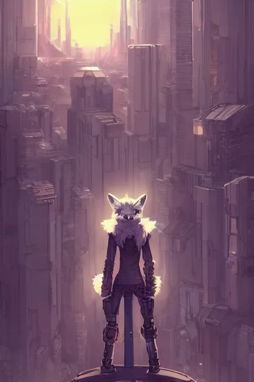 Image similar to a cyberpunk anthropomorphic fox with a fluffy tail staring over a futuristic city from the top of a roof, comic art, trending on furaffinity, cyberpunk, backlighting, cartoon, by kawacy, anime!!!