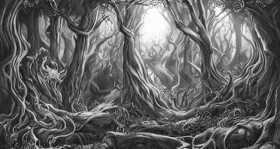 Prompt: Enchanted and magic forest, by H.P. Lovecraft