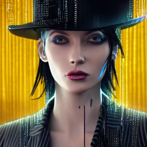 Prompt: stylish woman cartoon portrait made out of rain, pinstripe suit, top hat, cyberpunk background, rendered in octane, unreal engine, highly detailed, trending on artstation, realistic, neon, beautiful