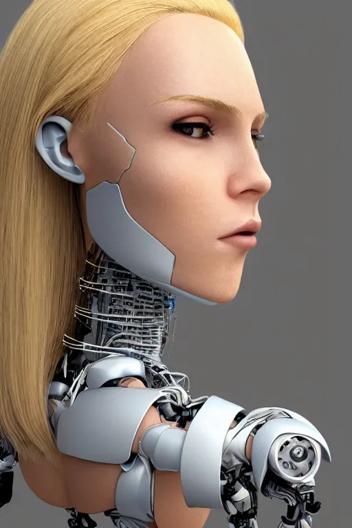 Image similar to robot with human face, female head, full body angle, woman human face, human face realistic, beautiful blonde hair, human head, human head with blonde hair, blonde hair human head, blonde hair, human realistic face, human head skin, cyborg frame concept, cyborg by ales-kotnik, sci-fi android female, the body is made of wires, robotic body, cyborg body, cyborg bust body, robot body cyborg, full body
