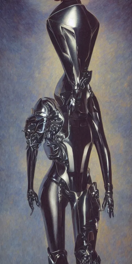 Image similar to full body portrait of beautiful gothic and futuristic fashion model, elegant space armour, cyber armour, highly detailed, artstation, illustration, composition, 8 k quality, art by jean delville, rene magritte, hyperrealism oil painting