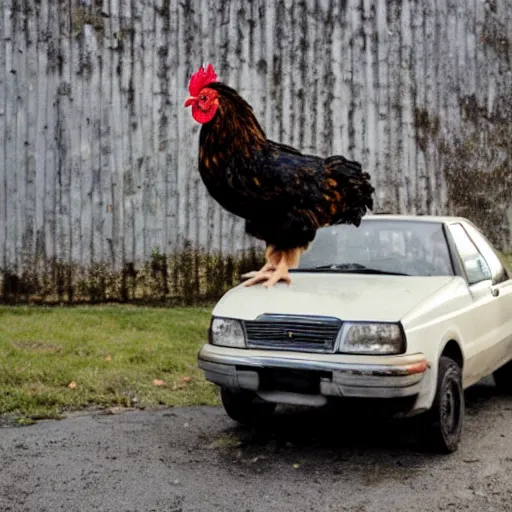 Prompt: chicken on top of a car