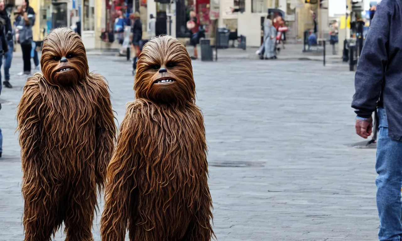 Prompt: photo of one chewbacca standing on the streets of rochester, england