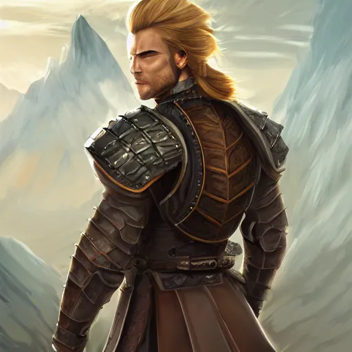 Image similar to full body rear side portrait of a muscular, ponytail haired blonde man in his late 30's with only one arm armored, wearing a thick brown leather coat, looking to his side, DnD character, fantasy character, digital art by Donglu Yu