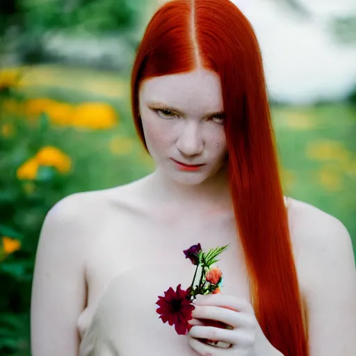 Image similar to Portrait of a young redhead lady with a flower, Canon EOS R3, f/1.4, ISO 200, 1/160s, 8K, RAW, unedited, symmetrical balance, in-frame