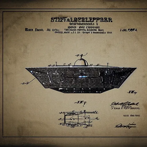 Image similar to patent for interstellar star destroyer, Sci fi, technological.