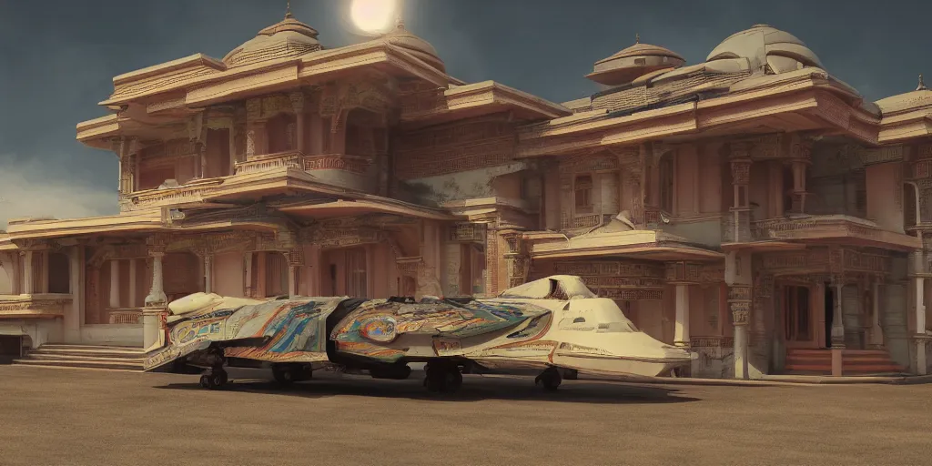 Prompt: a spaceship parked infront of an old richly decorated indian house. the, diffuse light, octane render, 4k, matte painting