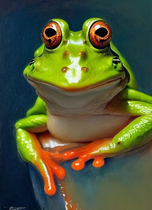 Prompt: portrait of a frog from the archive of storms. by Daniel F. Gerhartz, hyperrealistic oil painting, 4k, studio lightning, very detailed face