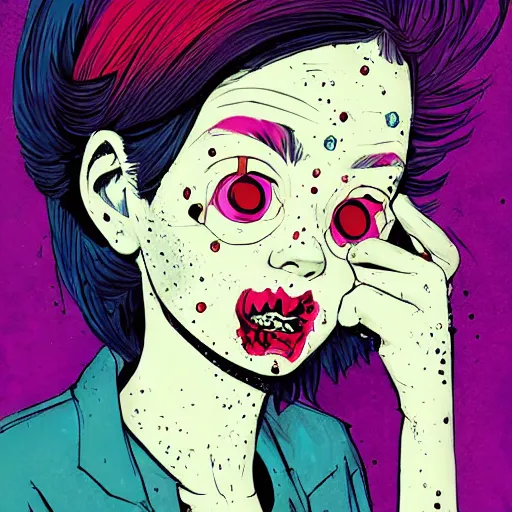 Image similar to Highly detailed portrait of pretty punk zombie young lady with freckles by Atey Ghailan, by Loish, by Bryan Lee O'Malley, by Cliff Chiang, inspired by image comics, inspired by graphic novel cover art, inspired by papergirls !!!mystical color scheme ((gradient grafitti tag brick wall background))