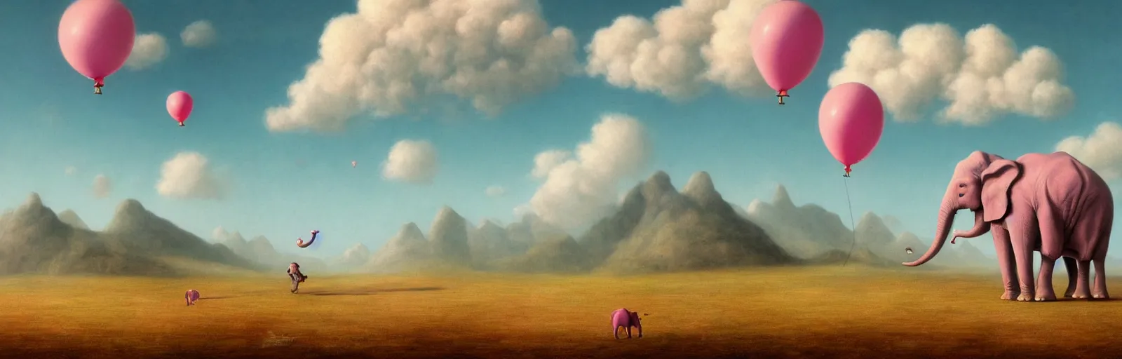 Image similar to A pink elephant happily walking in a field of clouds, balloons in the sky, mountains in the background, illustration, detailed, smooth, soft, warm, by Adolf Lachman, Shaun Tan, Surrealism