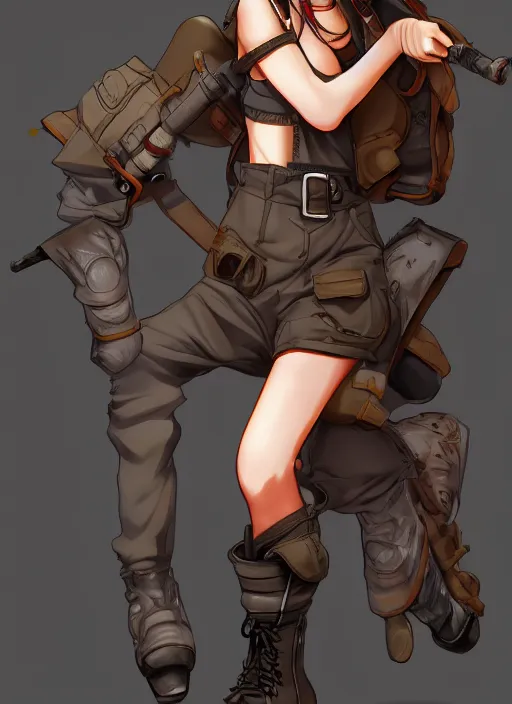 Image similar to full body pose, hd, manga anime portrait of a beautiful woman in combat boots and overalls, in ishikawa ken style detailed trending award winning on flickr artstation,