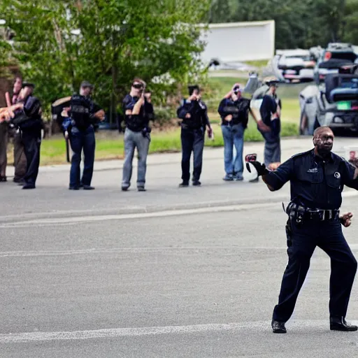 Prompt: cop shooting man holding bottle of water