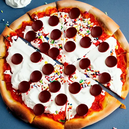 Image similar to pizza topped with whipped cream and sprinkles