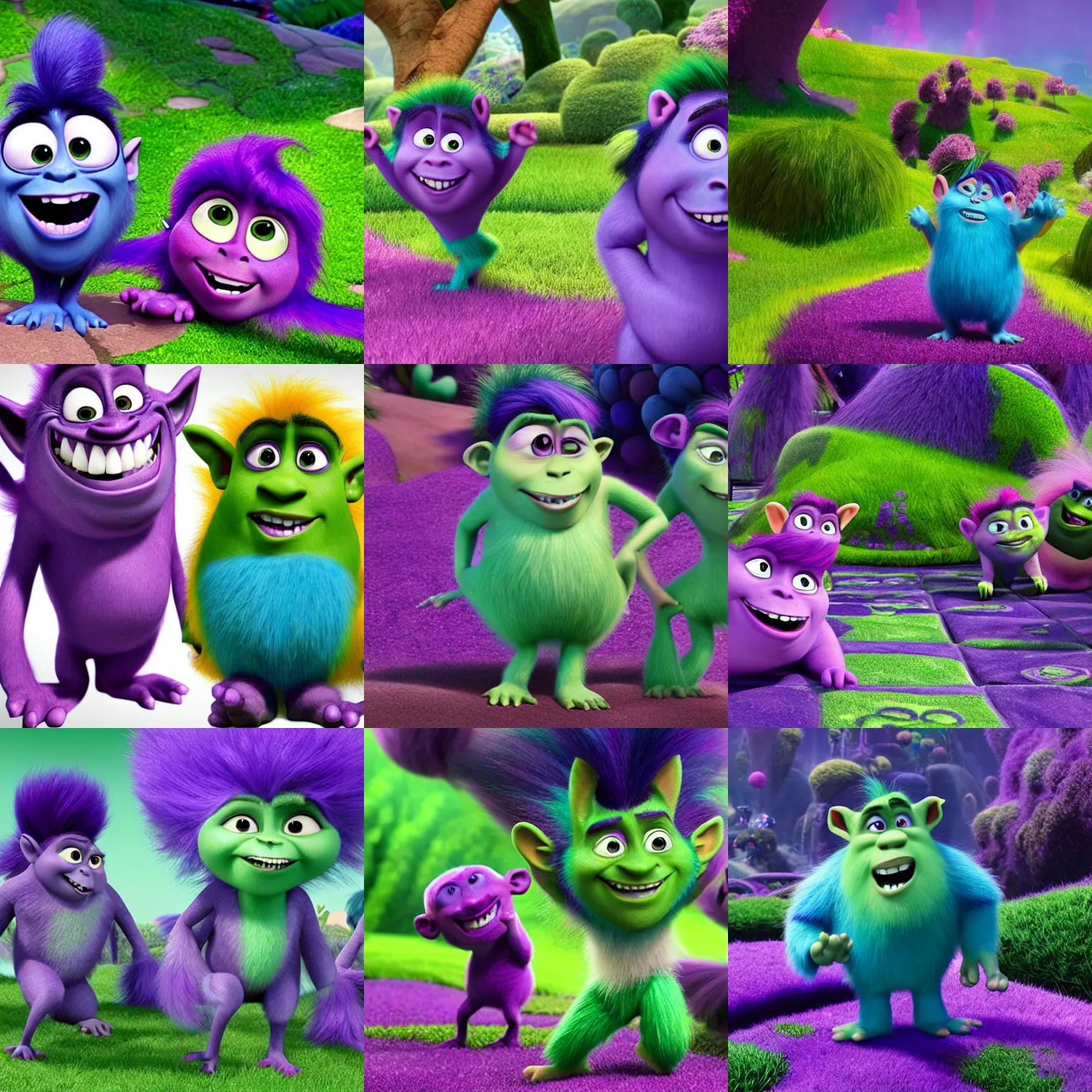 Prompt: April 15 and March 24, purple and green, trolls world tour style, Pixar animation,
