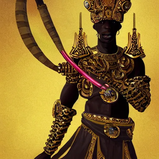 Prompt: a young black boy dressed like an african moorish warrior in gold armor and a crown with a ruby, posing with a very ornate glowing electric spear!!!!, elden ring character digital illustration portrait design, by android jones in a psychedelic fantasy style, dramatic lighting, hero pose, wide angle dynamic portrait