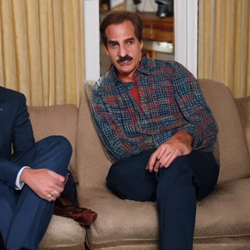 Image similar to mike lindell sitting next to hunter biden on dingy couch in a crackhouse smoking crack