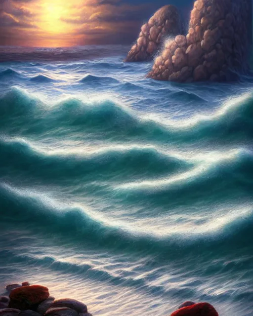 Image similar to sea with big waves crashing to shore and rocks, sunset, hyper realistic, artstation, illustration, nicoletta ceccoli, mark ryden, lostfish, dan decarlo, bob clampett, max fleischer, digital paint, matte paint, vivid colors, detailed and intricate environment