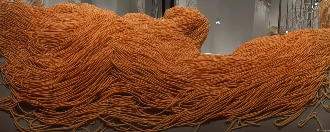 Image similar to famous sculpture made of spaghetti in ny museum of modern art, in the style of louise bourgeois, kodachrome film, retro