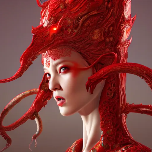 Image similar to The red female alien, intricated traditional Chinese textures, rococo decorations, hyper detail, Unreal engine,Octane render, by Karol Bak