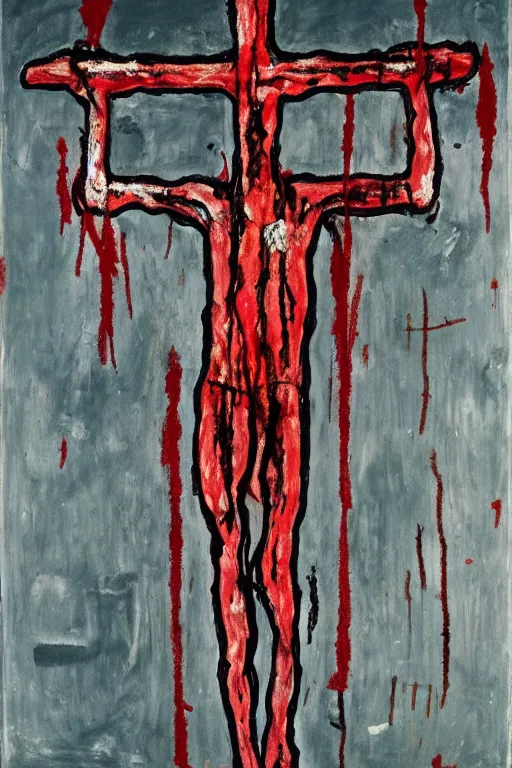 Image similar to bloody jesus christ crucified painted by cy twombly and jean michel basquiat