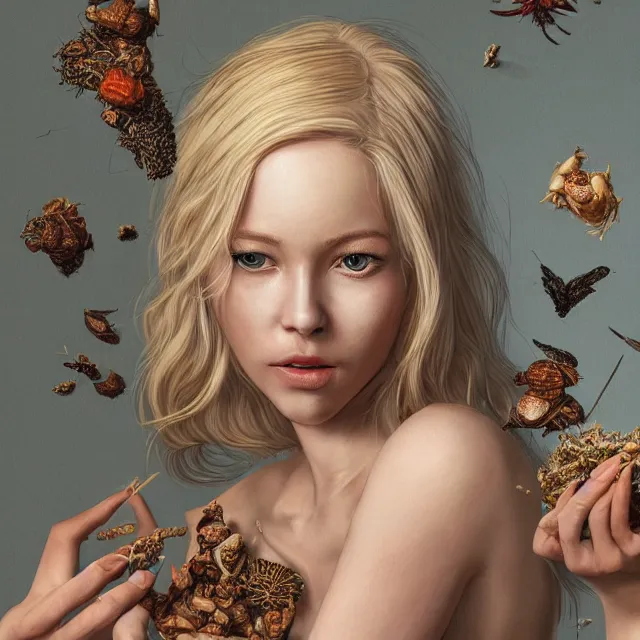 Image similar to studio portrait of blonde women eating insects at claridges, ultrafine hyperrealistic detailed face illustration by kim jung gi, irakli nadar, intricate linework, sharp focus, bright colors, matte, octopath traveler, final fantasy, unreal engine highly rendered, global illumination, radiant light, intricate environment