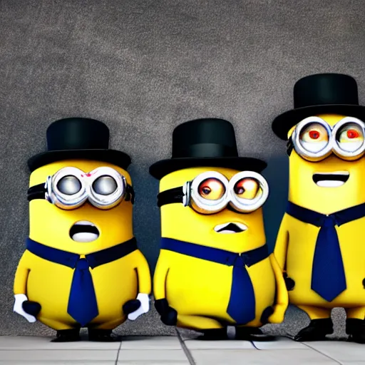 Prompt: three minions standing on top of eachother wearing a trenchcoat and a fedora, pretending to be an adult businessman