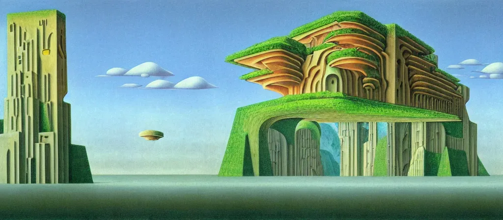Image similar to huge gargantuan angular building by escher and ricardo bofill. utopian landscape by roger dean. magical realism, surrealism, waterfalls, clouds, trending on artstation, shot from below, epic scale