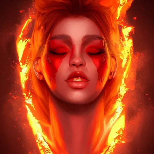 Prompt: fire forming a beautiful female face, red colour palette, extremely detailed, award-winning art, trending on Artstation