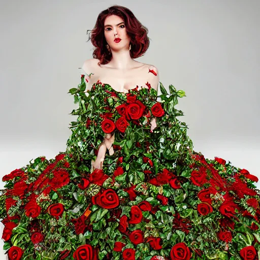 Image similar to full body image of a beautiful woman covered in ivy and red roses, ornate gown standing in a bed of roses, rim light, dynamic lighting, etherial lighting, ultra - detail, concept art, elegant