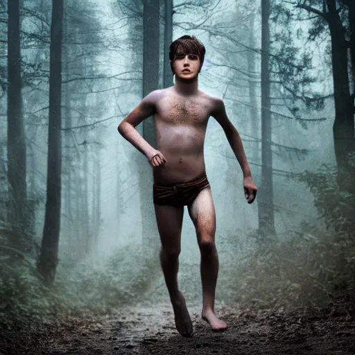 Image similar to a teenage boy, short brown hair, loincloth, pale skin, detailed face. running in ominous and eerie looking forest. natural color. hyperrealistic photo.