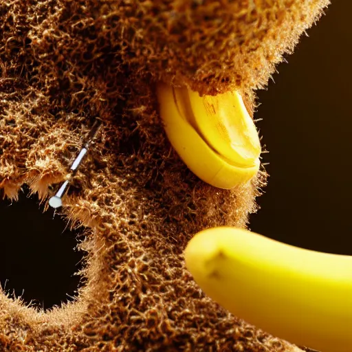 Prompt: macro shot of a dust mite eating a banana, microscope, tilt shift, realistic, photography, scientific