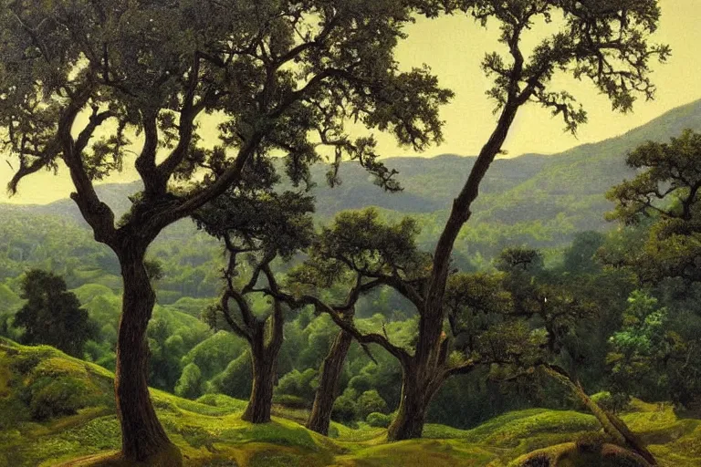 Image similar to masterpiece painting of oak trees on a hillside overlooking a creek, dramatic lighting, by edward okun