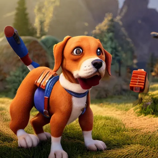 Image similar to dog character 1 1, small puppy, rich dog, high quality image, smart dog, dog with gun, 3 d render, dog in mountain, soft, concept art, intricate details, highly detailed, colorful, photorealistic, disney pixar, octane render, iridescent, anime, 8 k