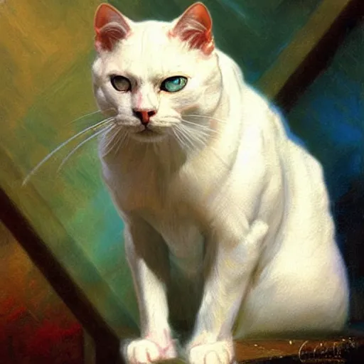 Prompt: a portrait of a manly and muscular white cat feline, blue eyes, star trek the next generation. highly detailed painting by gaston bussiere, craig mullins, j. c. leyendecker, furry