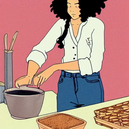 Image similar to portrait of a woman with dark curly hair in a pink shirt and high-rise jeans making sourdough in sunlit kitchen, hyper detailed, by studio ghibli