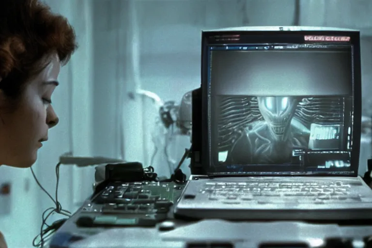 Prompt: alien using a computer to check her email submerged in translucent goo, over the shoulder perspective, in 1 9 8 5, y 2 k cybercore, industrial photography, still from a kiyoshi kurosawa movie