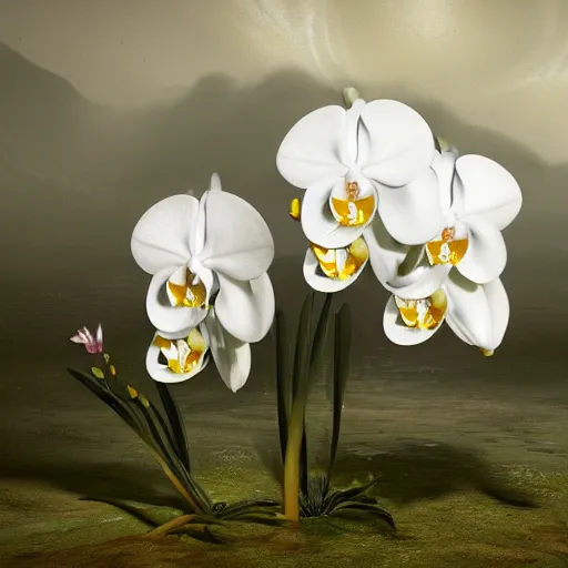 Prompt: White orchid flower, atmospheric, 4 k hd, 120K resolution, a high quality photography , 3D depth shading, cinema 4d, moody, photorealism render by Jeremy Mann and carl spitzweg and greg