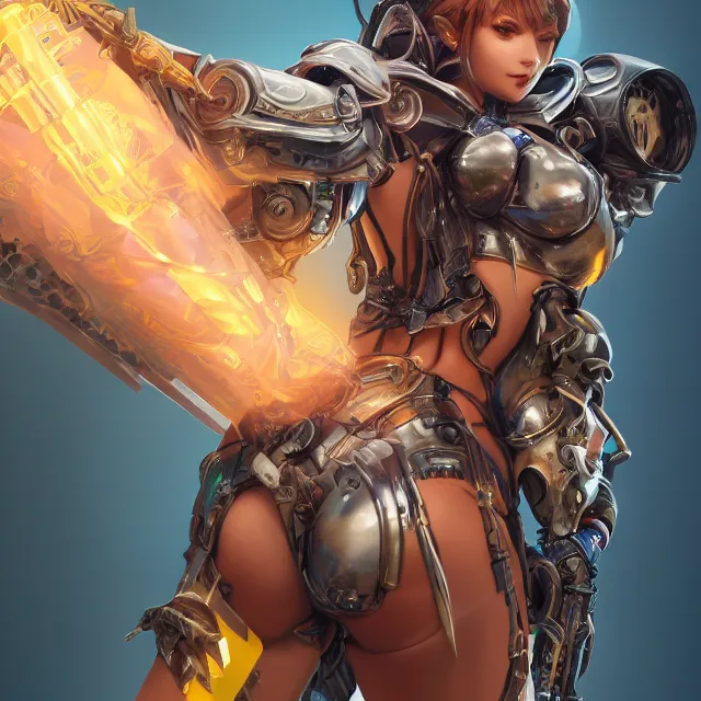 Image similar to studio portrait of lawful good colorful female holy mecha paladin absurdly beautiful, elegant, young curvy bikini model, ultrafine hyperrealistic detailed face illustration by kim jung gi, irakli nadar, intricate linework, sharp focus, bright colors, matte, octopath traveler, final fantasy, unreal engine highly rendered, global illumination, radiant light, intricate environment