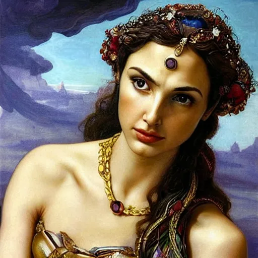 Image similar to Head and shoulders masterpiece oil painting of the beautiful goddess Gal Gadot as hera, she is wearing roman clothes and a surreal jewelry, her hair is natural disheveled, she is approaching heaven over the clouds, naturalism, dramatic lighting, high-detailed oil painting by Ilya Repin, Michelangelo da Caravaggio, William Blake, Alex Grey and Beksinski, trending on Artsation, hystorical painting, naturalism, masterpiece, 4k, 8k,