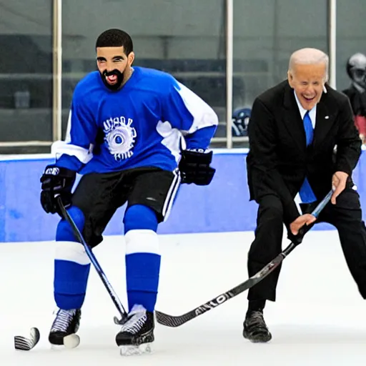 Prompt: drake and joe biden playing hockey, movie still, cinematic lighting