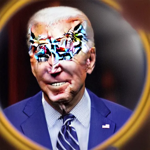 Image similar to zoomed out photo of joe biden with red eyes staring through a window in the middle of the night, horror dark setting